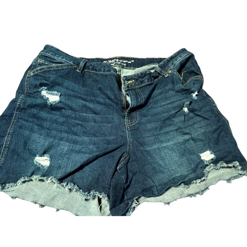 Maurices m jeans Womens High Rise Curvy Distressed Denim Shorts Dark Wash Cutoff